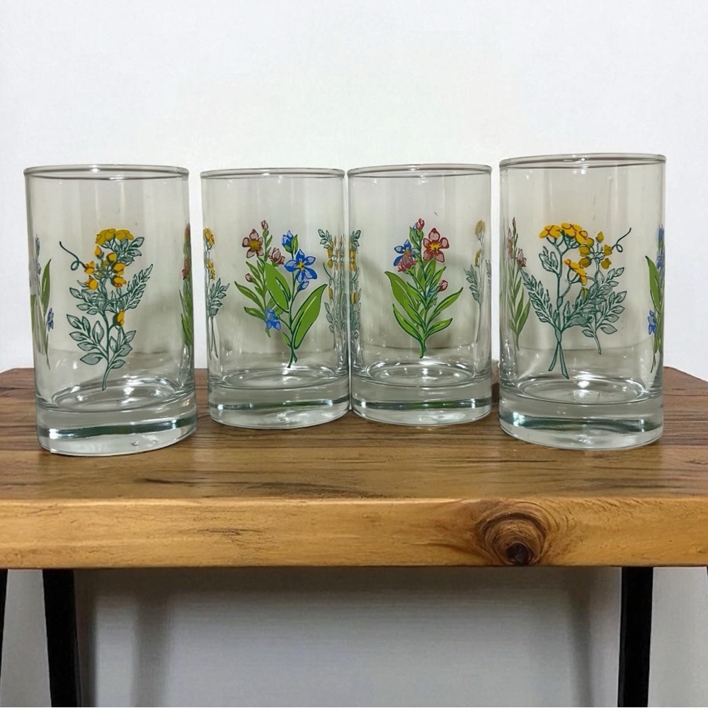 4 VTG Libbey Crisa Wildflower Juice Glasses 4” Cottagecore Floral Mexico Marked